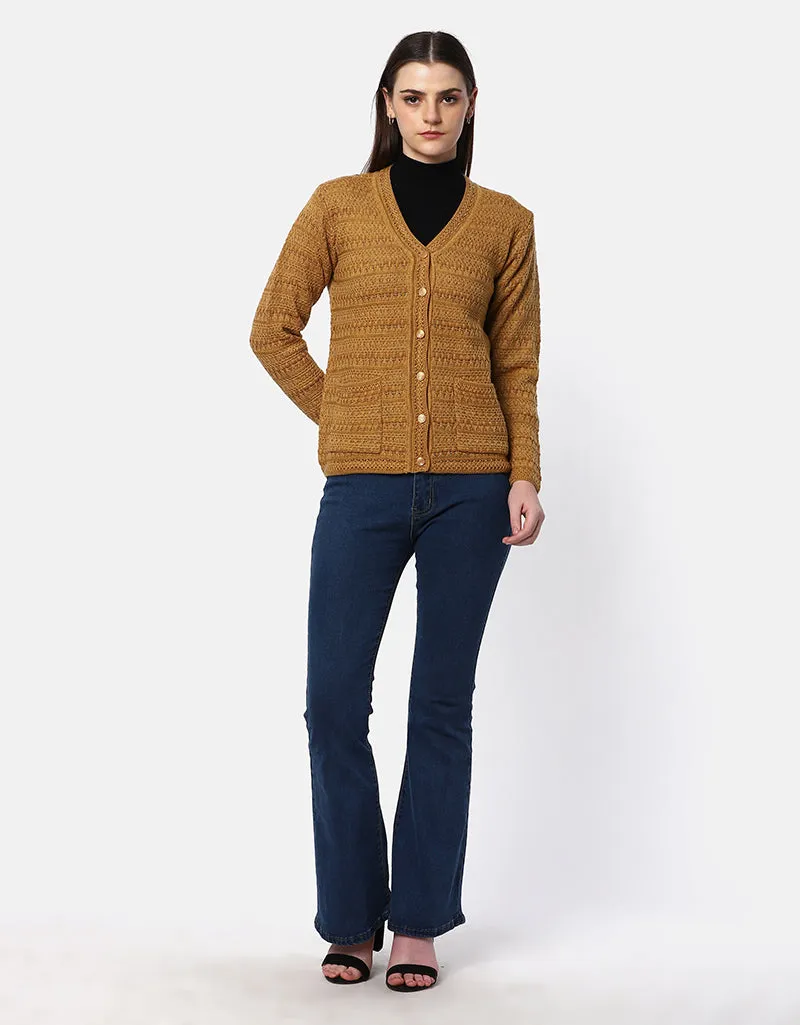 Women Woolen V-Neck Front Pocket Cardigan