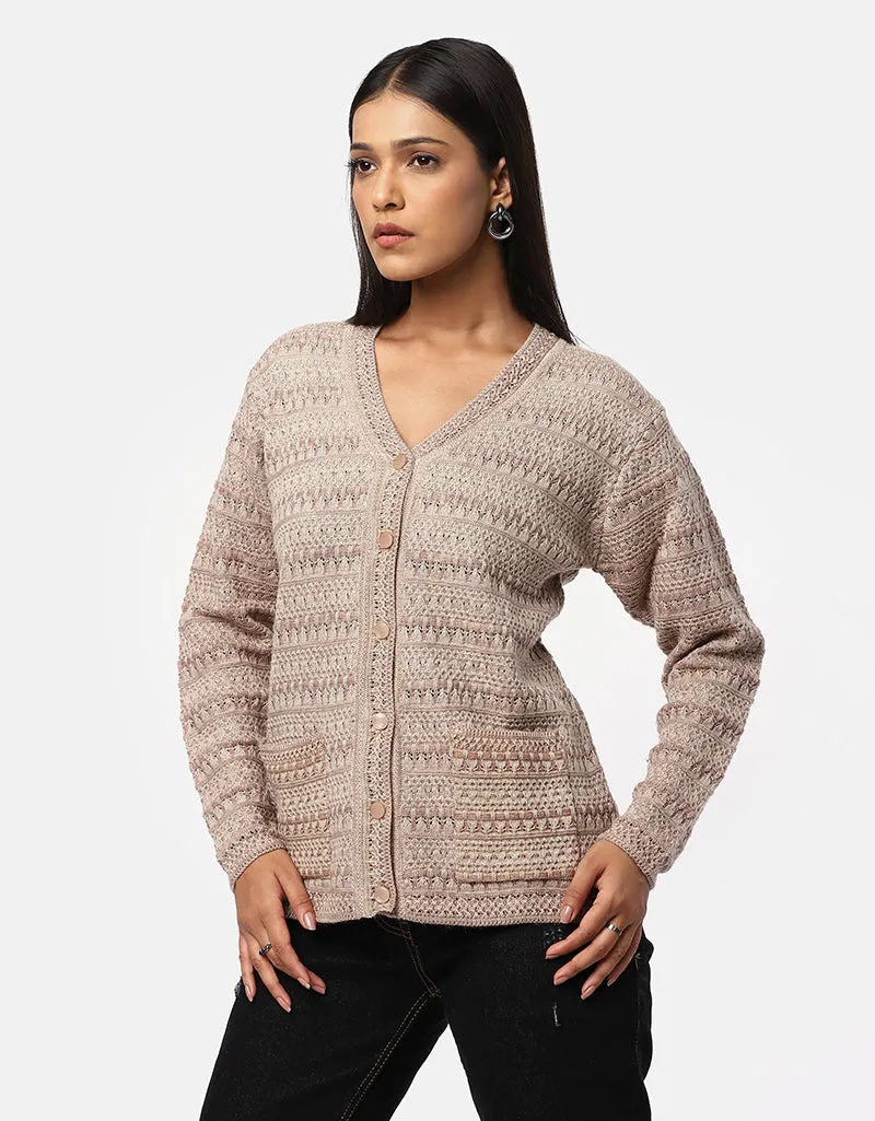 Women Woolen V-Neck Front Pocket Cardigan