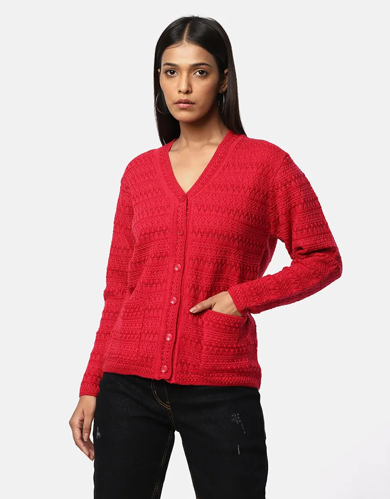 Women Woolen V-Neck Front Pocket Cardigan