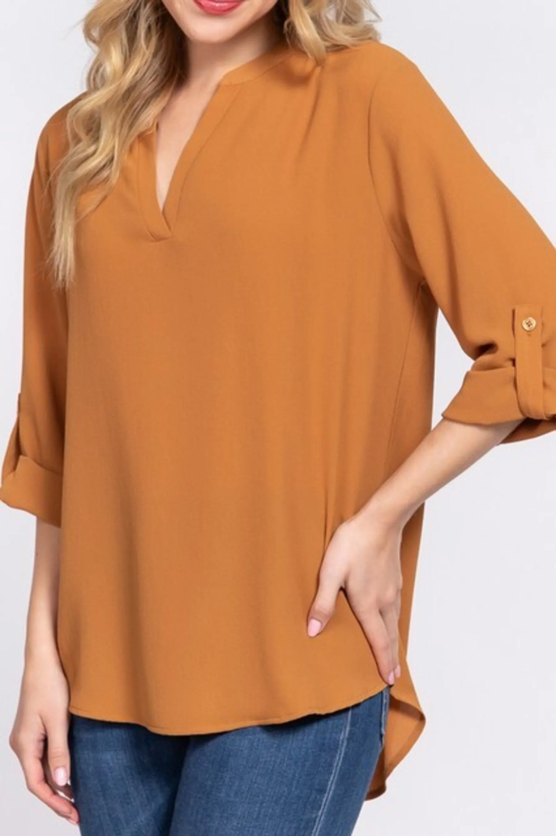 Women's 3/4 Roll up sleeve v-neck woven blouse