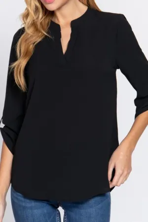 Women's 3/4 Roll up sleeve v-neck woven blouse