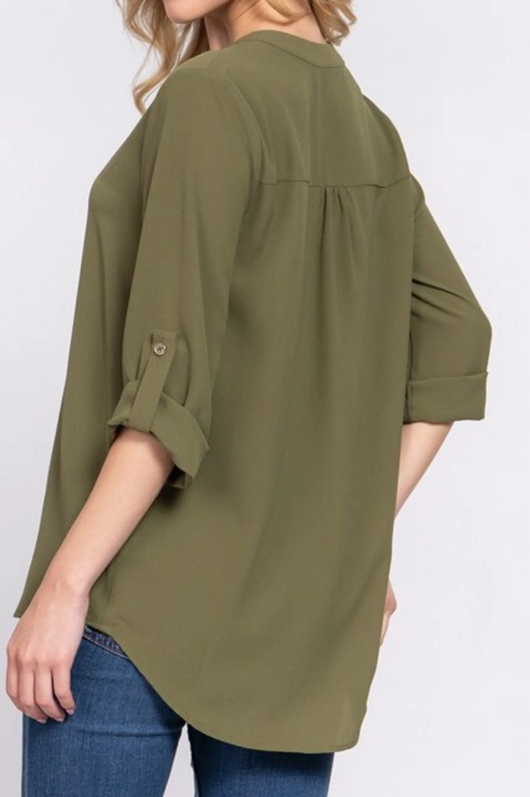 Women's 3/4 Roll up sleeve v-neck woven blouse