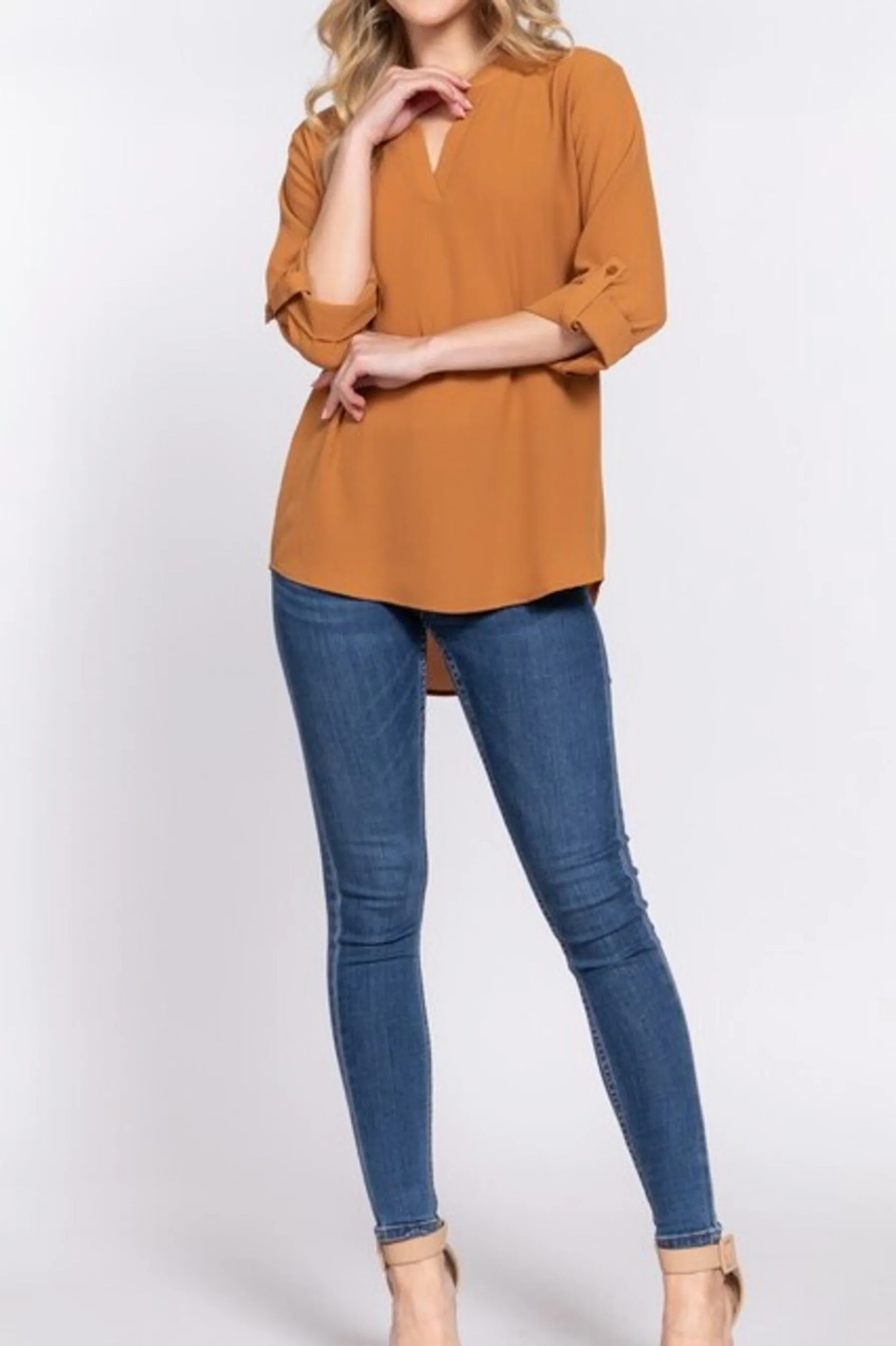 Women's 3/4 Roll up sleeve v-neck woven blouse