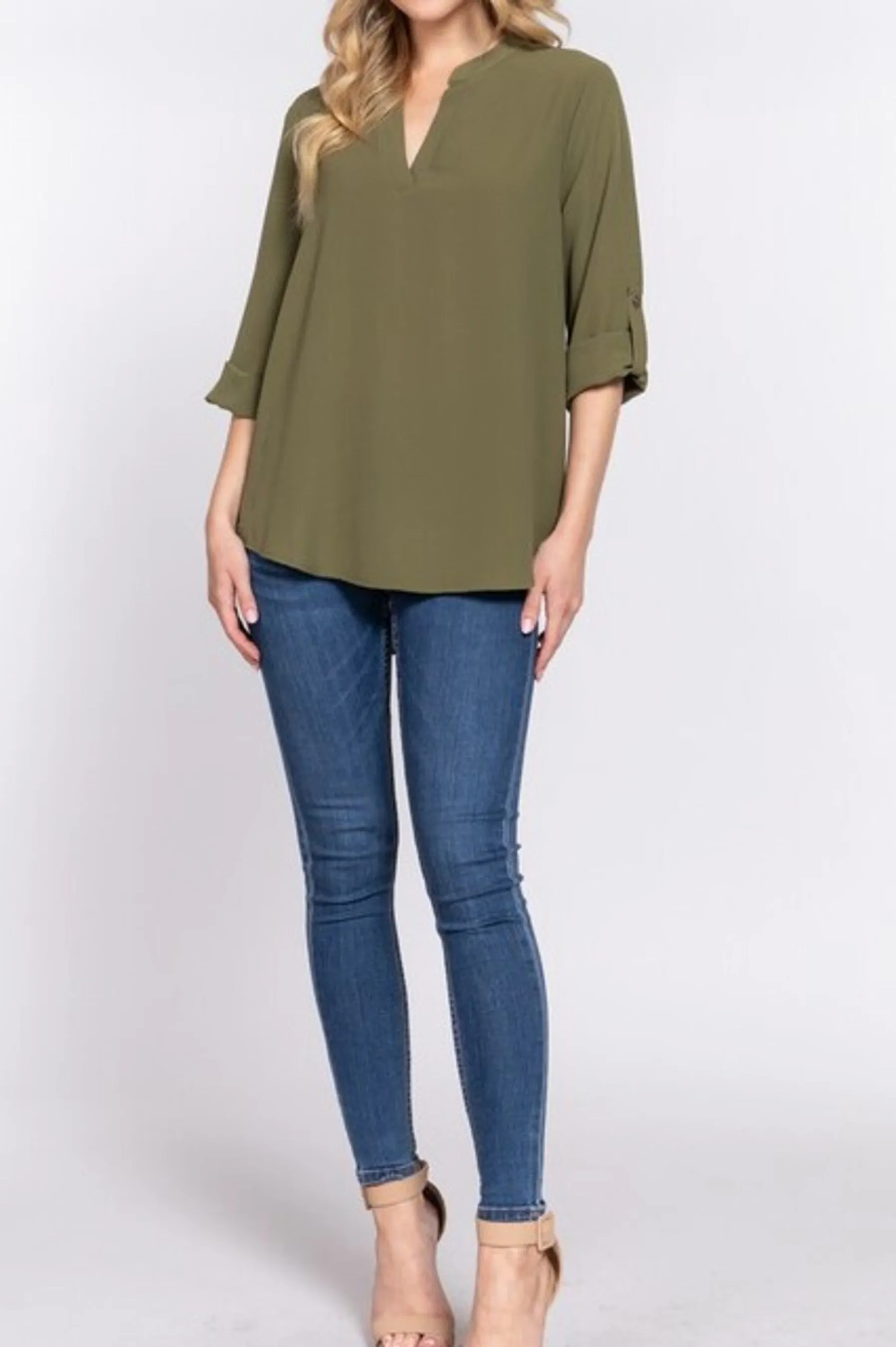 Women's 3/4 Roll up sleeve v-neck woven blouse