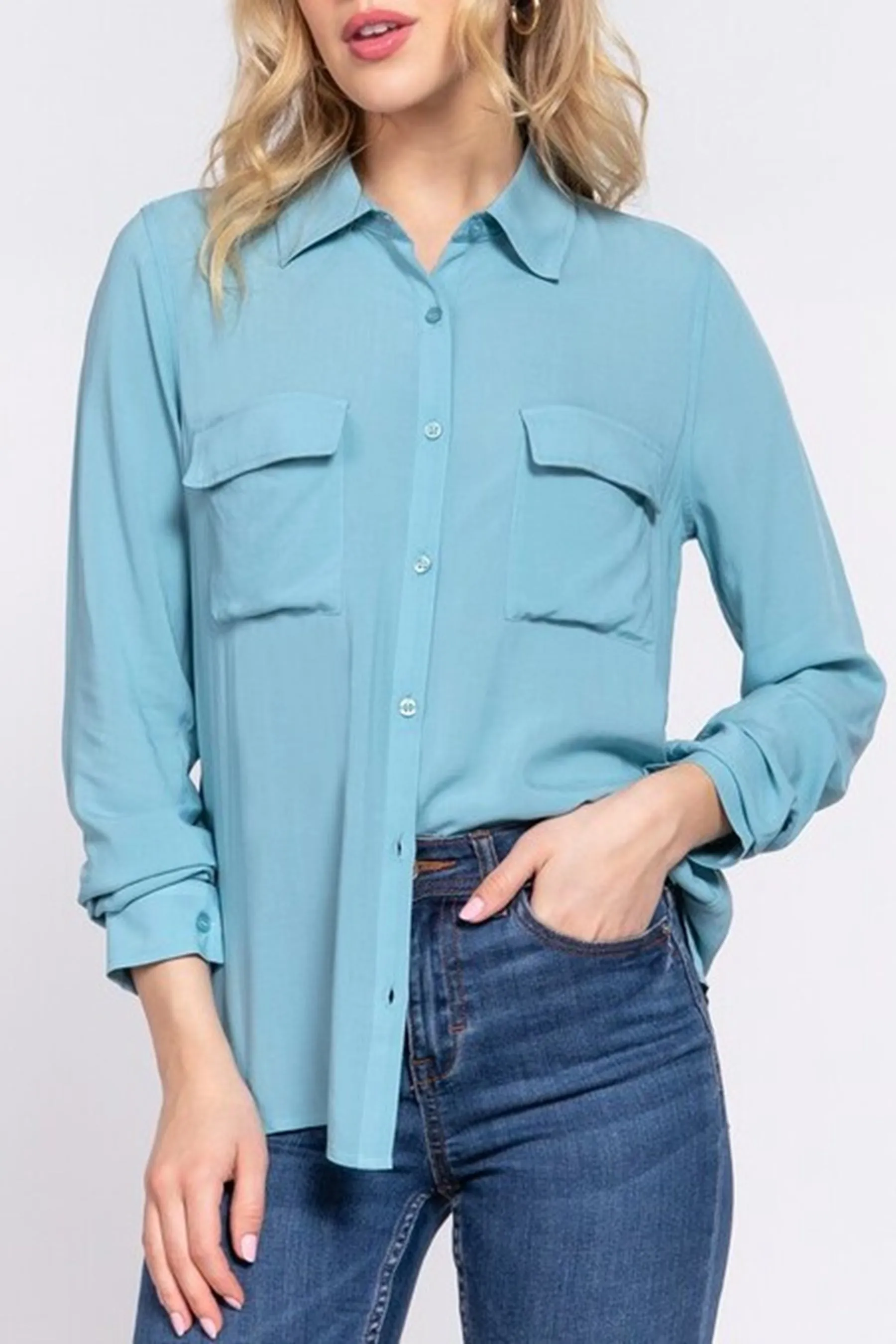 Women's Casual Button Down Long Sleeve Front Pockets Shirt