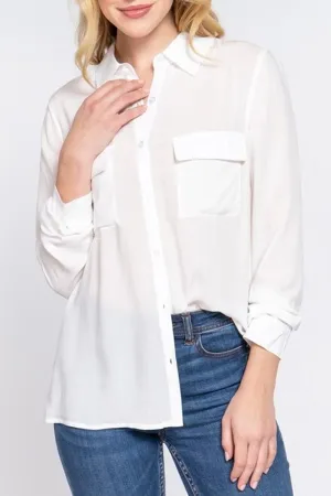 Women's Casual Button Down Long Sleeve Front Pockets Shirt