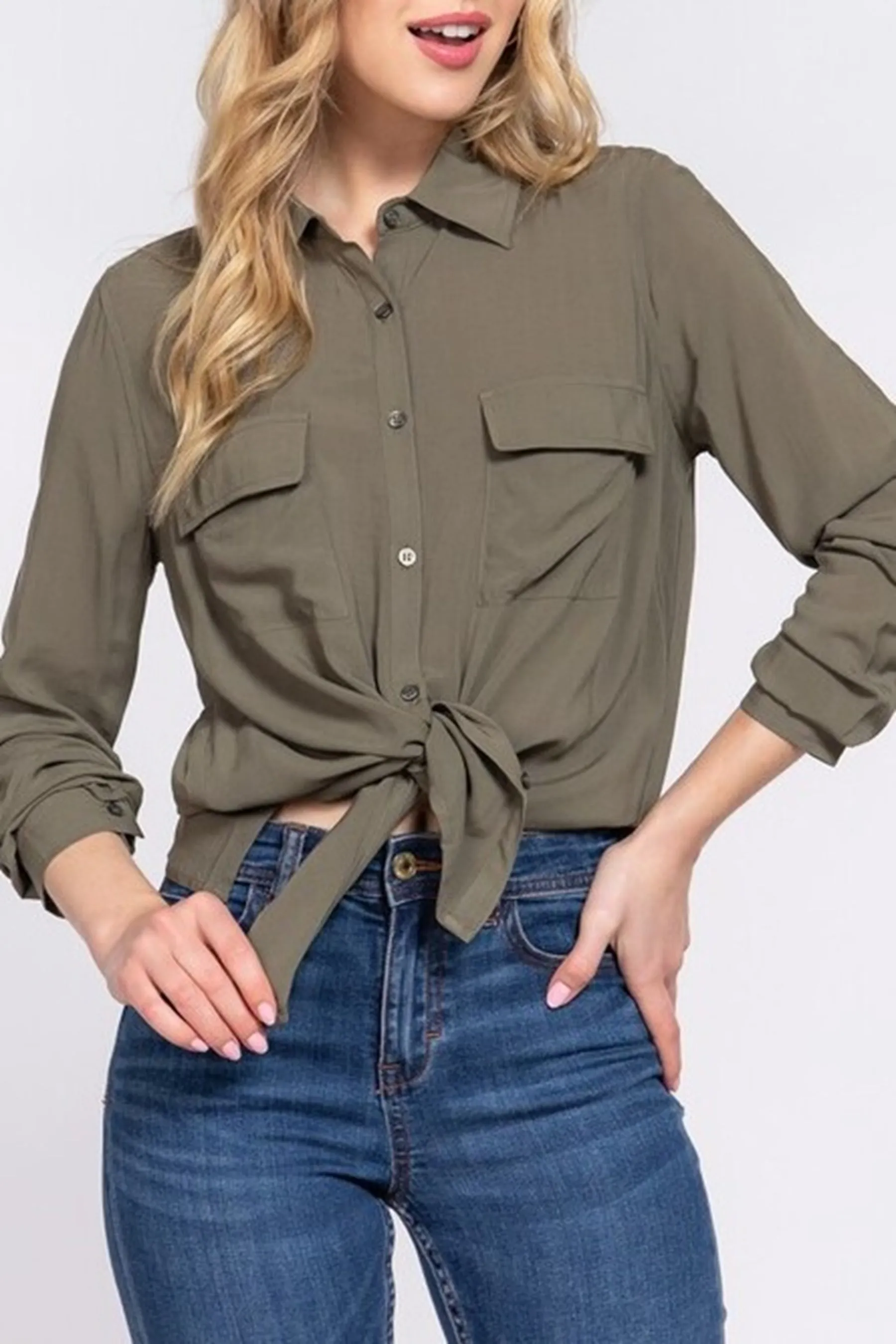 Women's Casual Button Down Long Sleeve Front Pockets Shirt