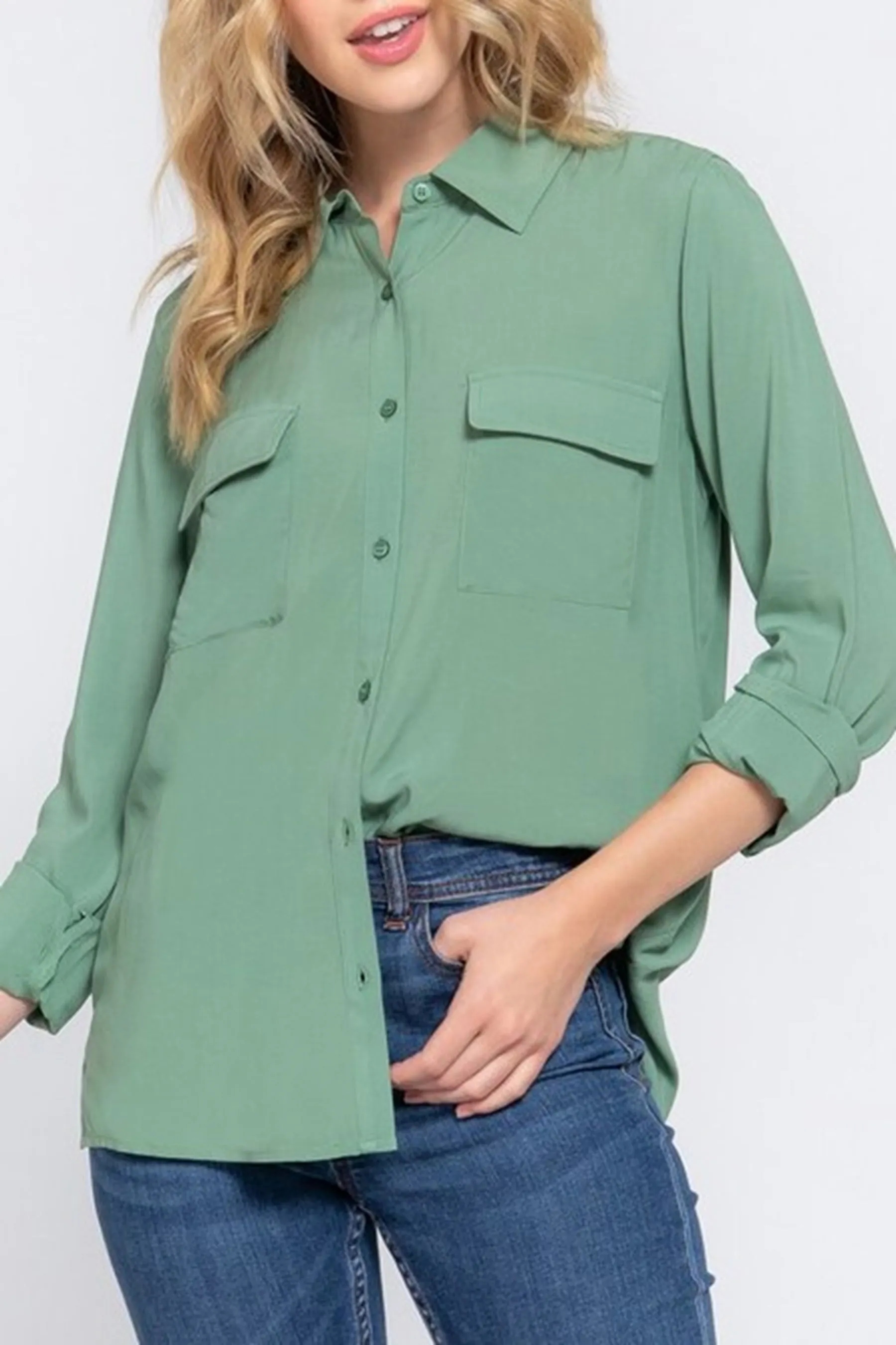 Women's Casual Button Down Long Sleeve Front Pockets Shirt