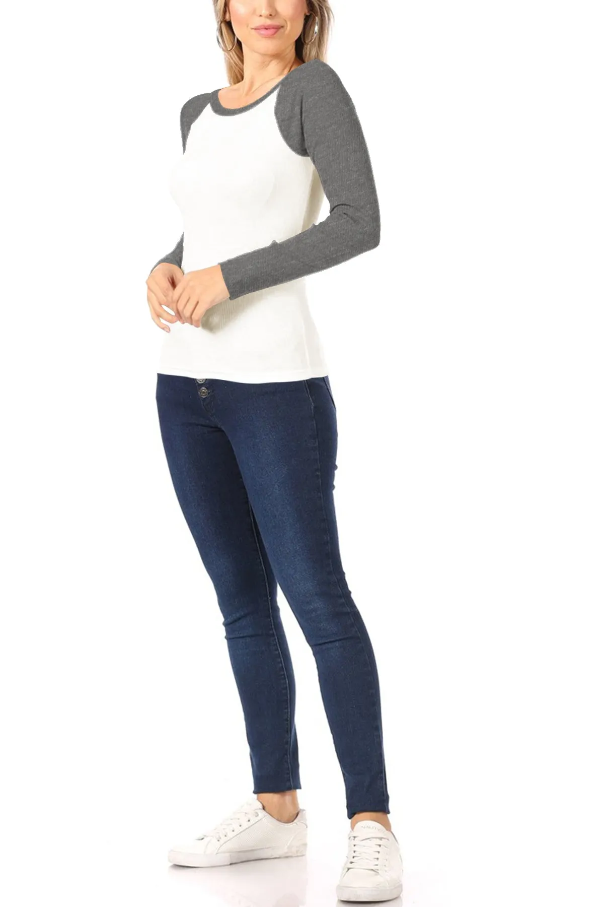 Women's Casual Ribbed Long Sleeve Round Neck Raglan T-Shirt