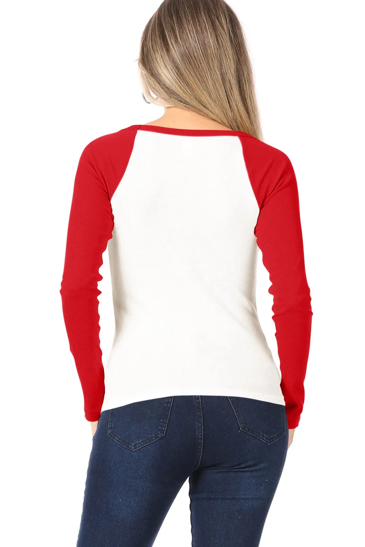 Women's Casual Ribbed Long Sleeve Round Neck Raglan T-Shirt