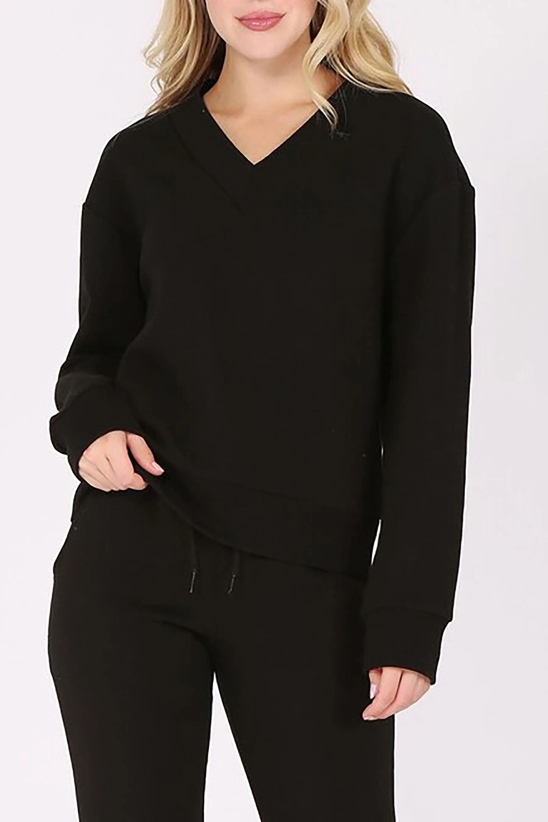 Women's Long Sleeve V Neck Fleece Sweatshirt