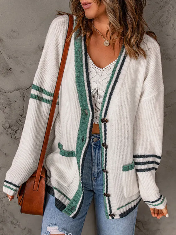 Women's Mixed Stripe Cable Knit V Neck Cardigan