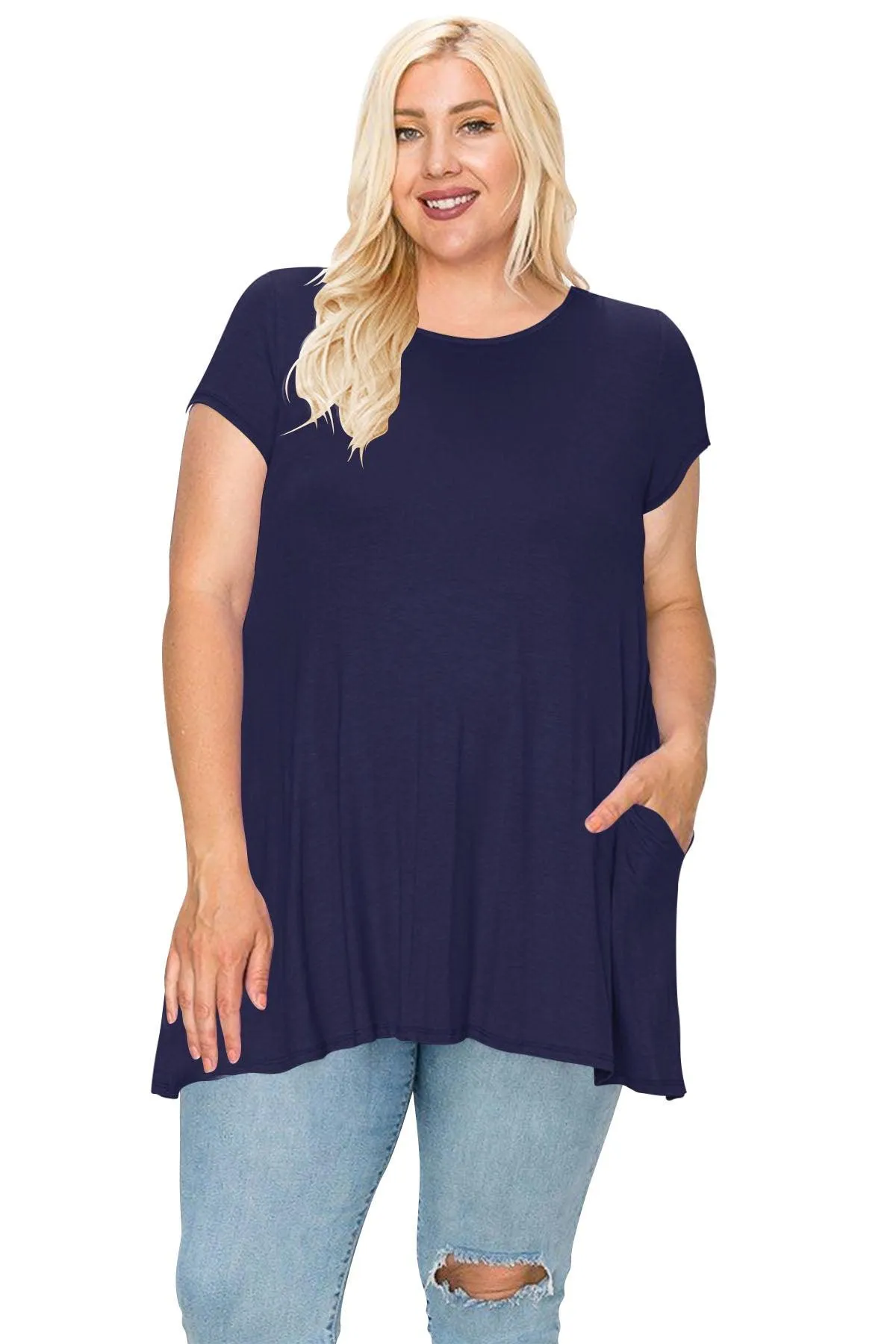 Women's Plus Size Casual Short Sleeve Loose Solid Tunic Top