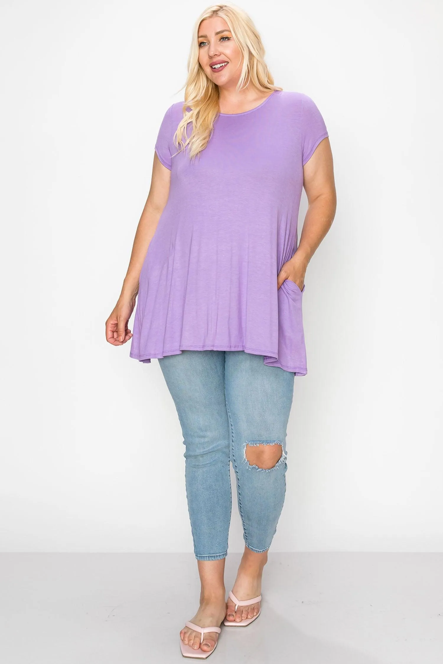 Women's Plus Size Casual Short Sleeve Loose Solid Tunic Top