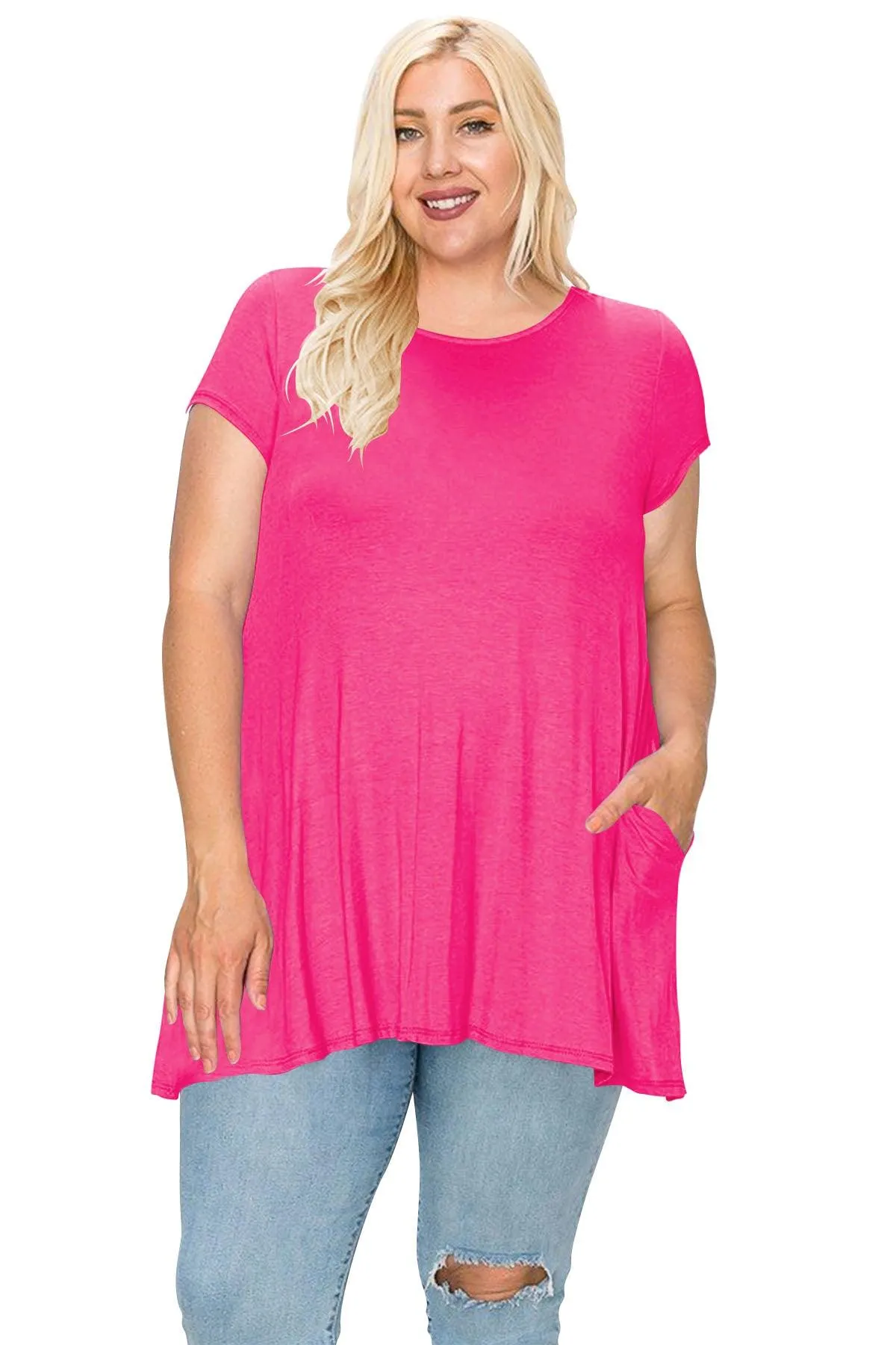 Women's Plus Size Casual Short Sleeve Loose Solid Tunic Top