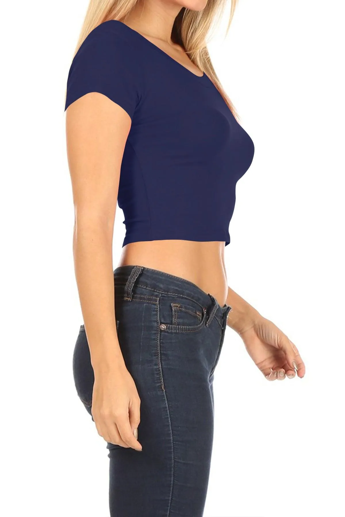 Women's Short Sleeve Stretch Lightweight Round Neck Solid Cropped Top