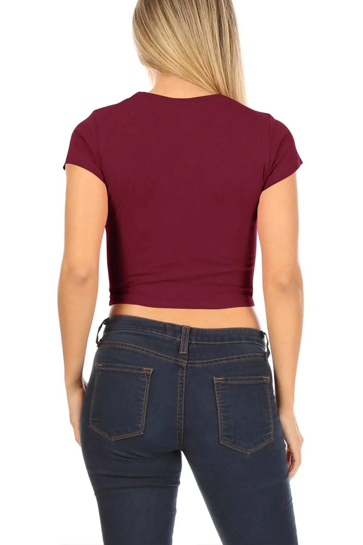 Women's Short Sleeve Stretch Lightweight Round Neck Solid Cropped Top