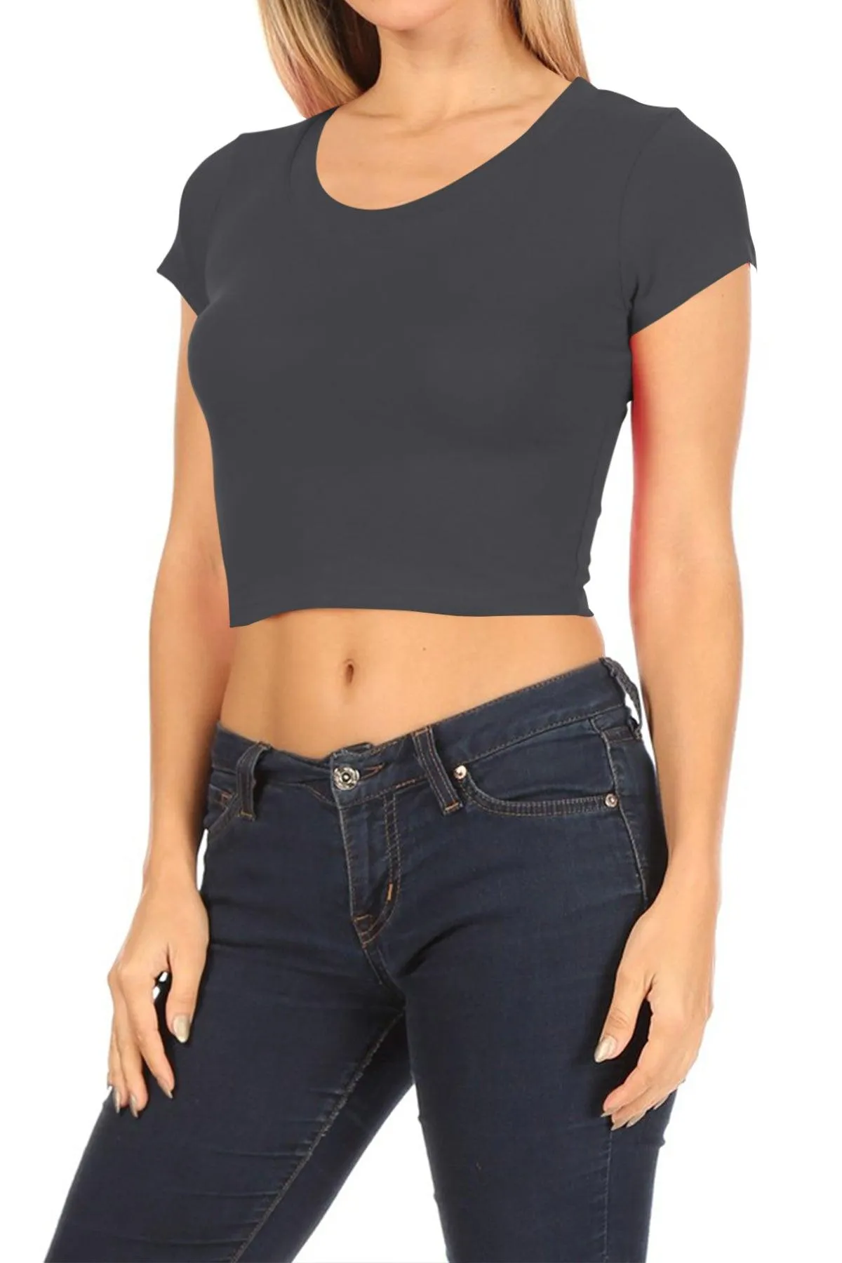 Women's Short Sleeve Stretch Lightweight Round Neck Solid Cropped Top