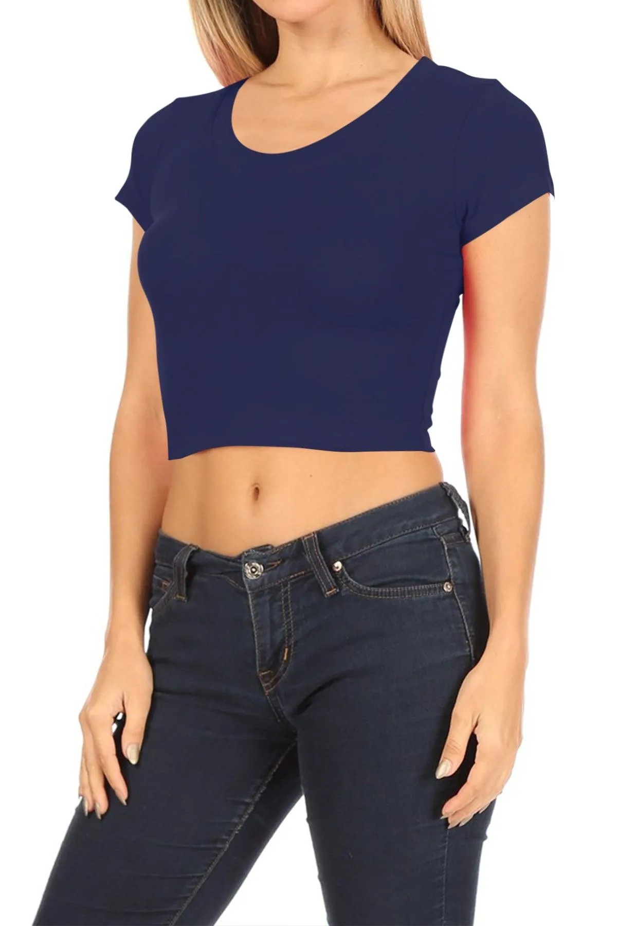 Women's Short Sleeve Stretch Lightweight Round Neck Solid Cropped Top