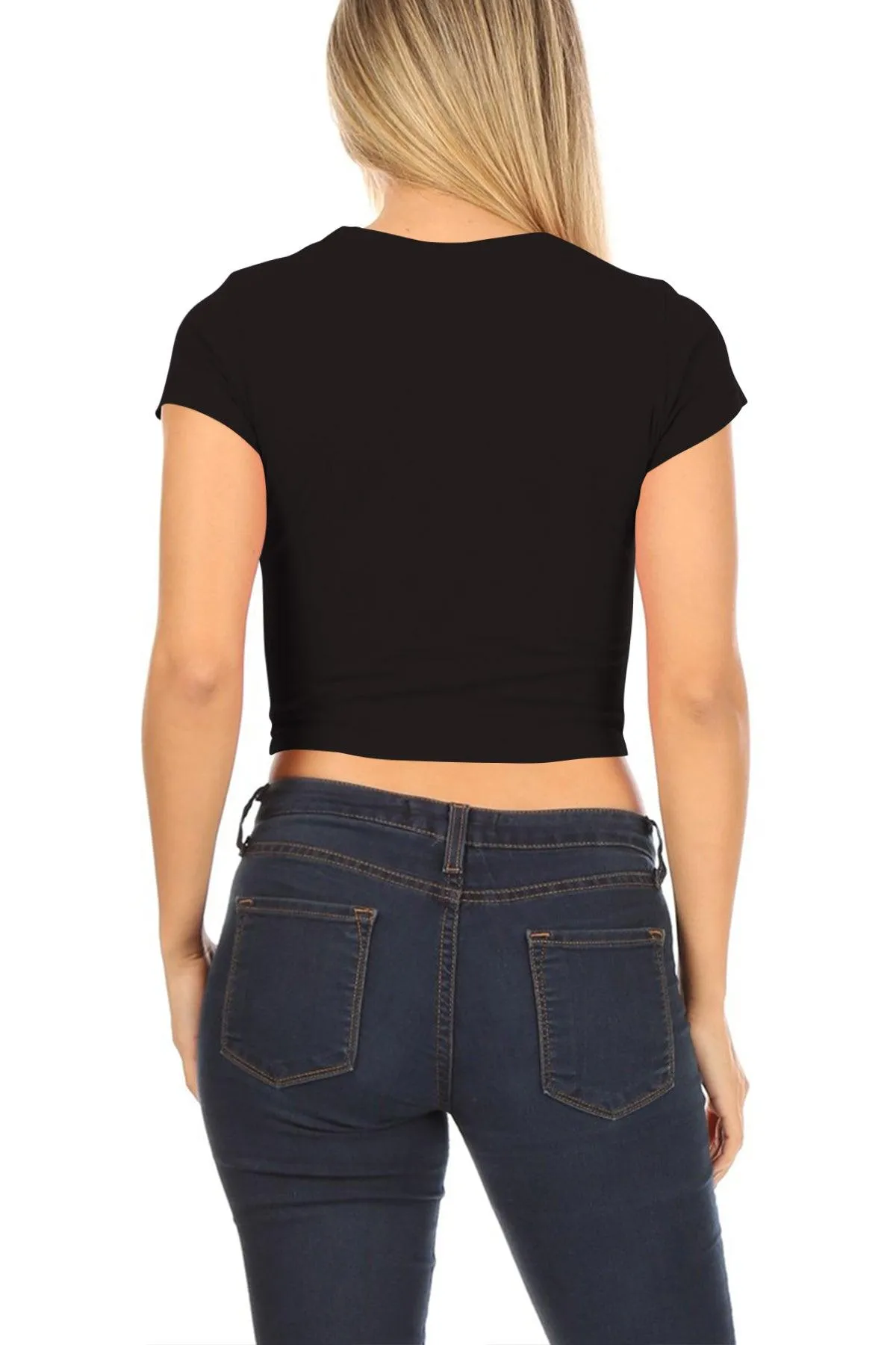 Women's Short Sleeve Stretch Lightweight Round Neck Solid Cropped Top