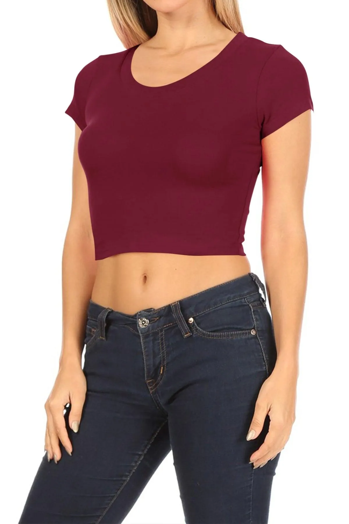 Women's Short Sleeve Stretch Lightweight Round Neck Solid Cropped Top