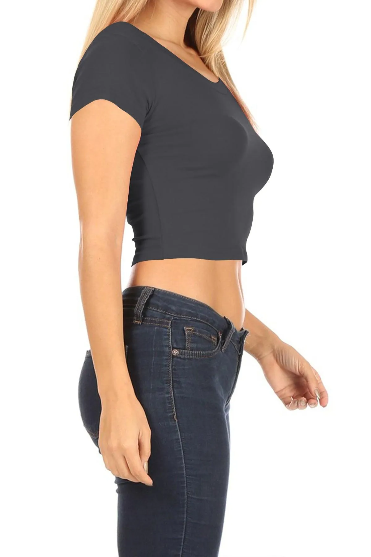 Women's Short Sleeve Stretch Lightweight Round Neck Solid Cropped Top