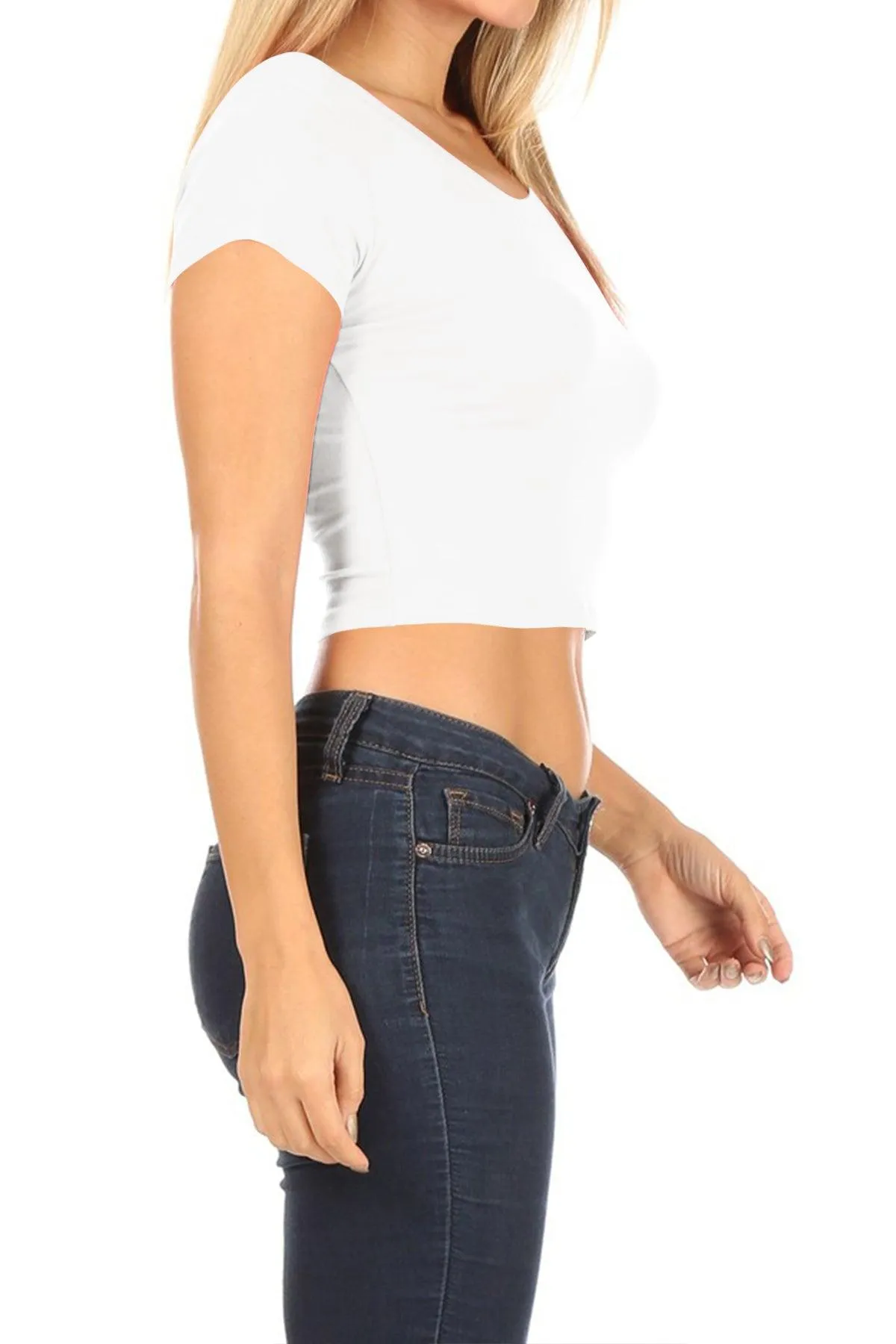 Women's Short Sleeve Stretch Lightweight Round Neck Solid Cropped Top