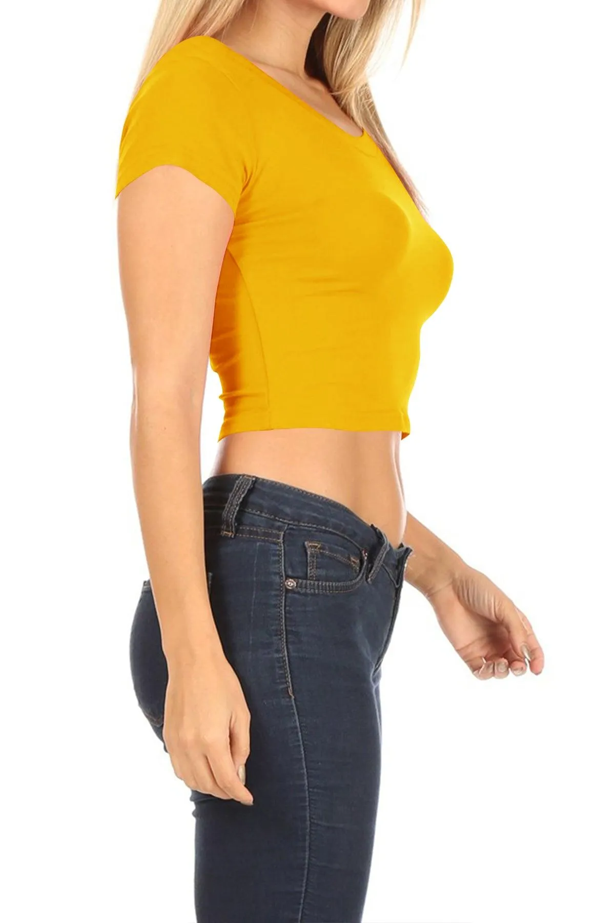 Women's Short Sleeve Stretch Lightweight Round Neck Solid Cropped Top