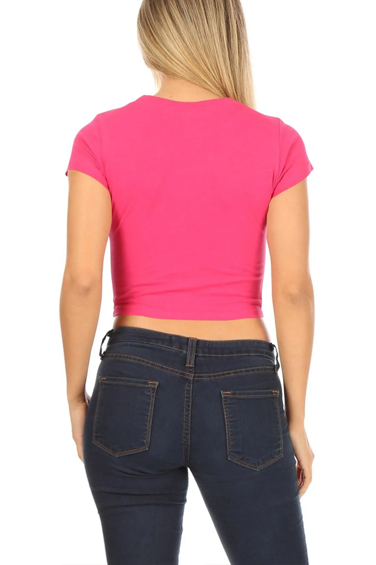 Women's Short Sleeve Stretch Lightweight Round Neck Solid Cropped Top