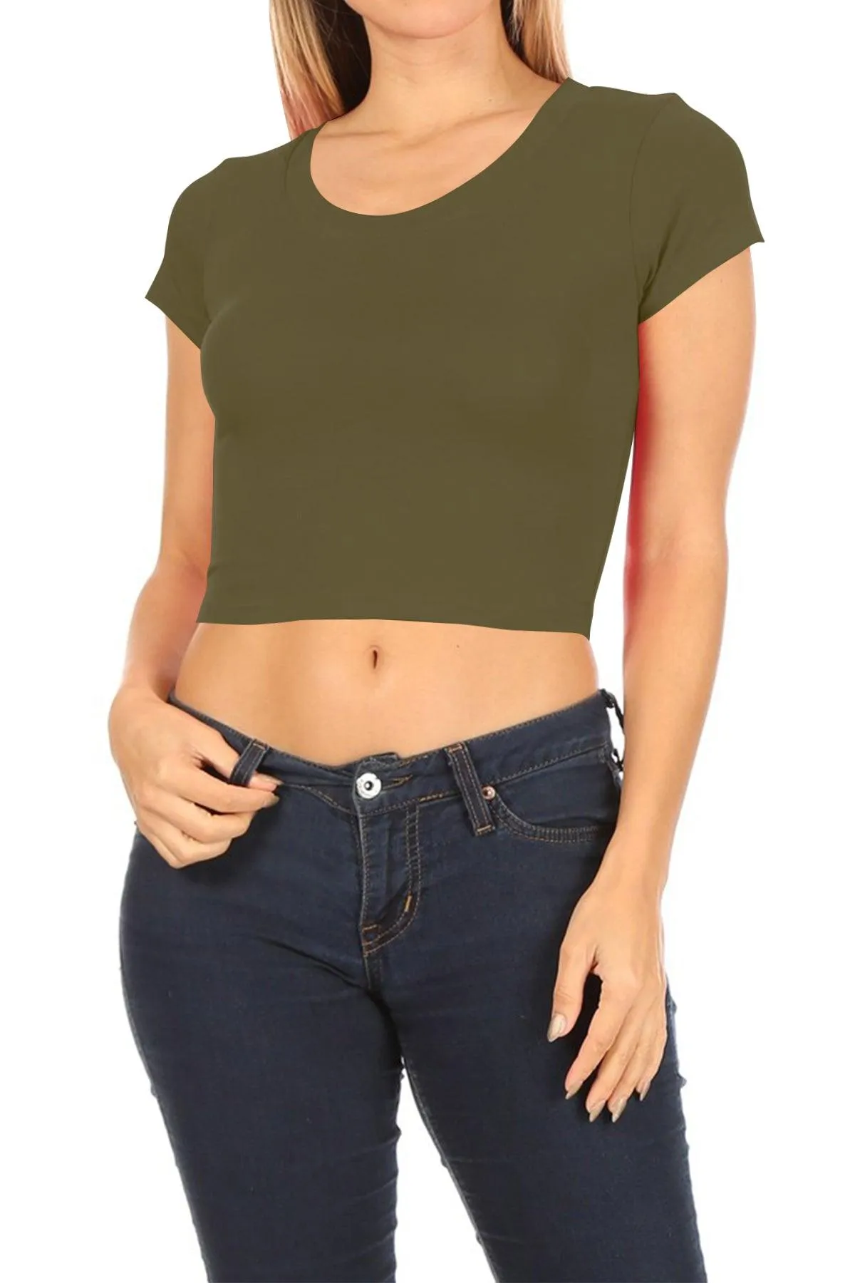 Women's Short Sleeve Stretch Lightweight Round Neck Solid Cropped Top