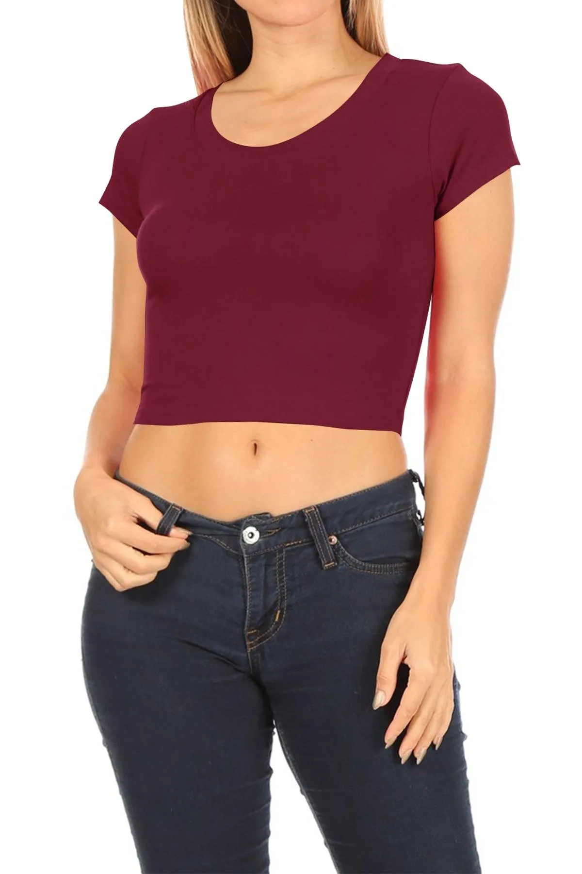 Women's Short Sleeve Stretch Lightweight Round Neck Solid Cropped Top