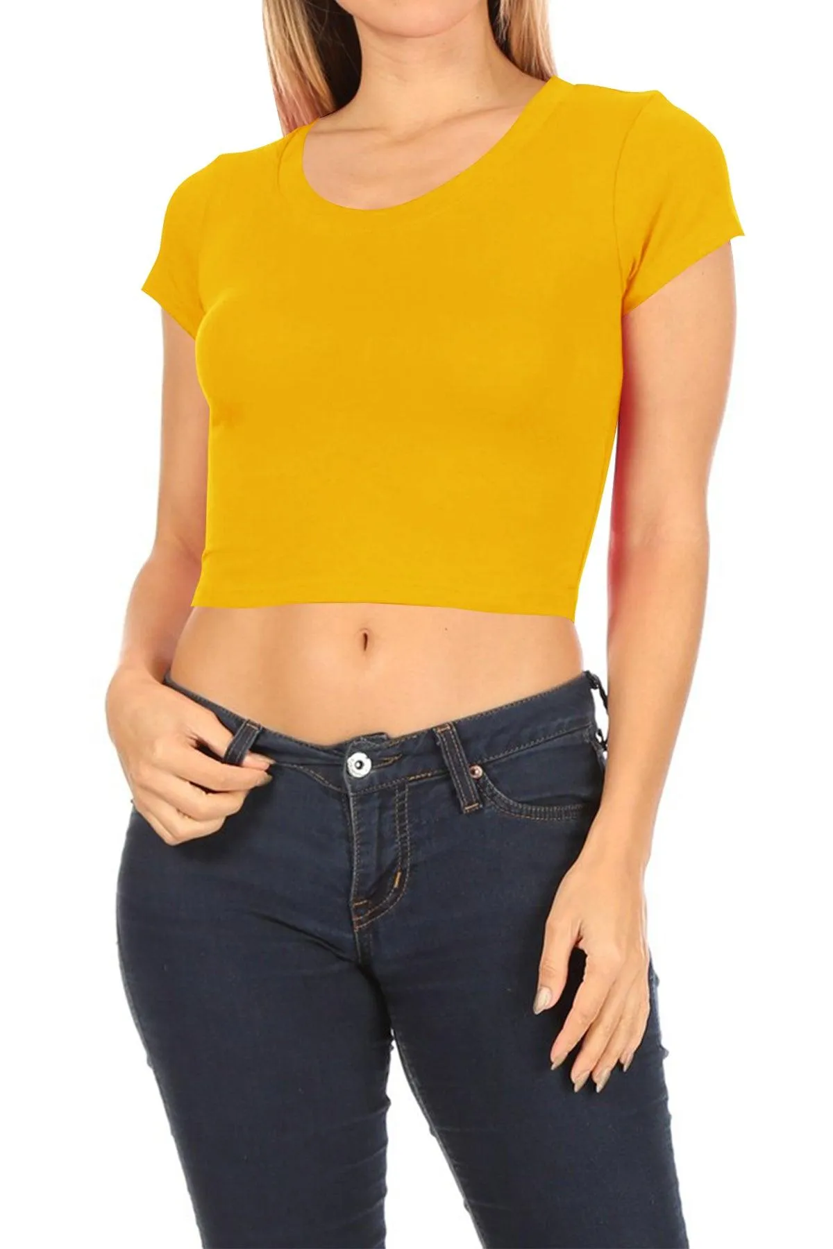 Women's Short Sleeve Stretch Lightweight Round Neck Solid Cropped Top