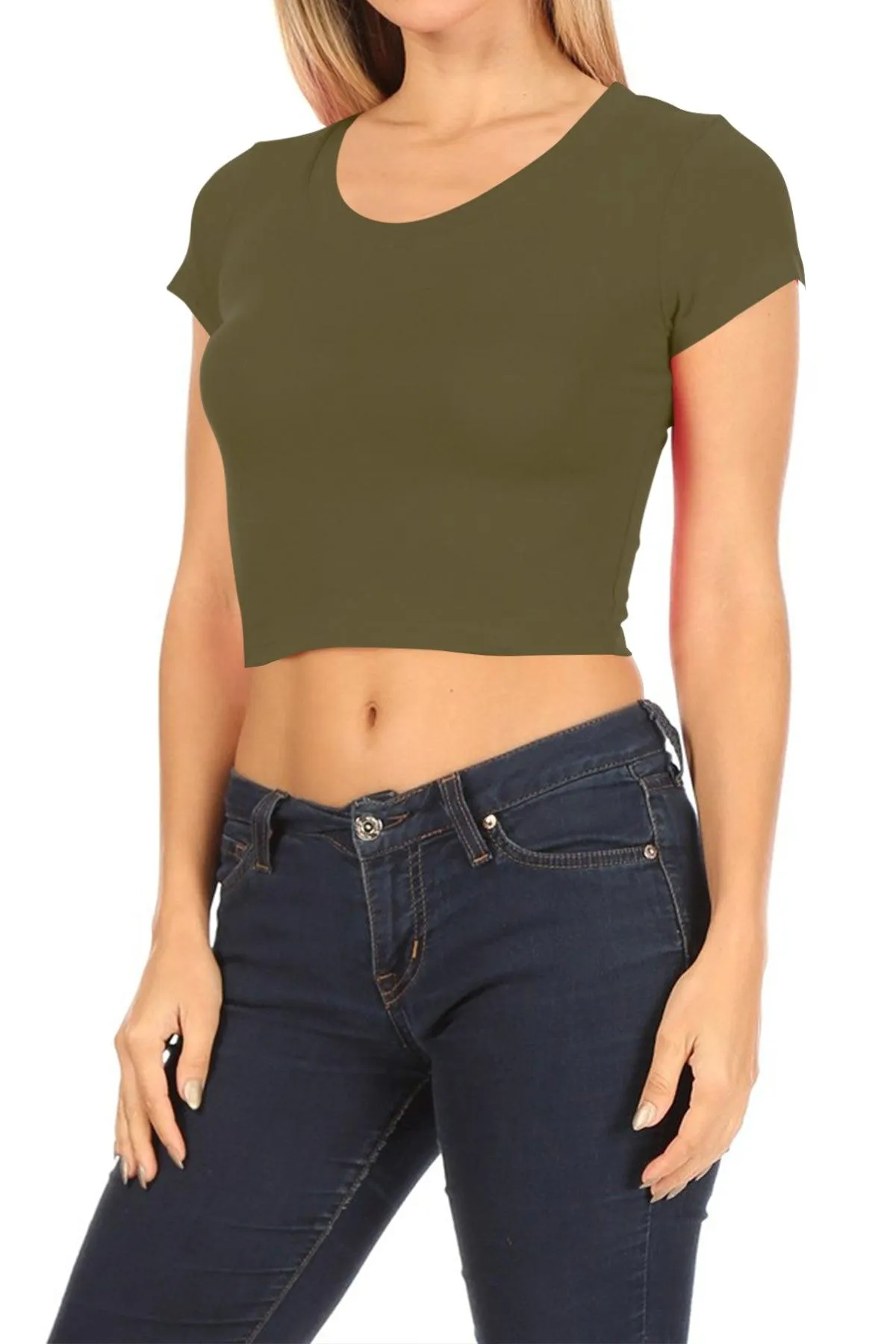 Women's Short Sleeve Stretch Lightweight Round Neck Solid Cropped Top