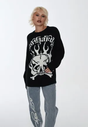 Womens Skull In Flames Jaquard Knitted Jumper - Black/Off White