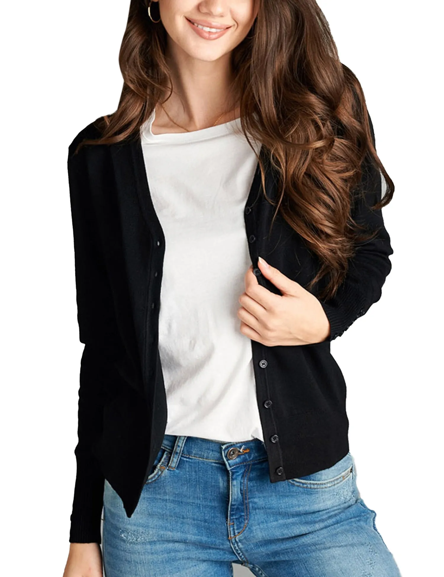 Womens V-Neck Cardigan with Sleeve Button Detail (S-XL)