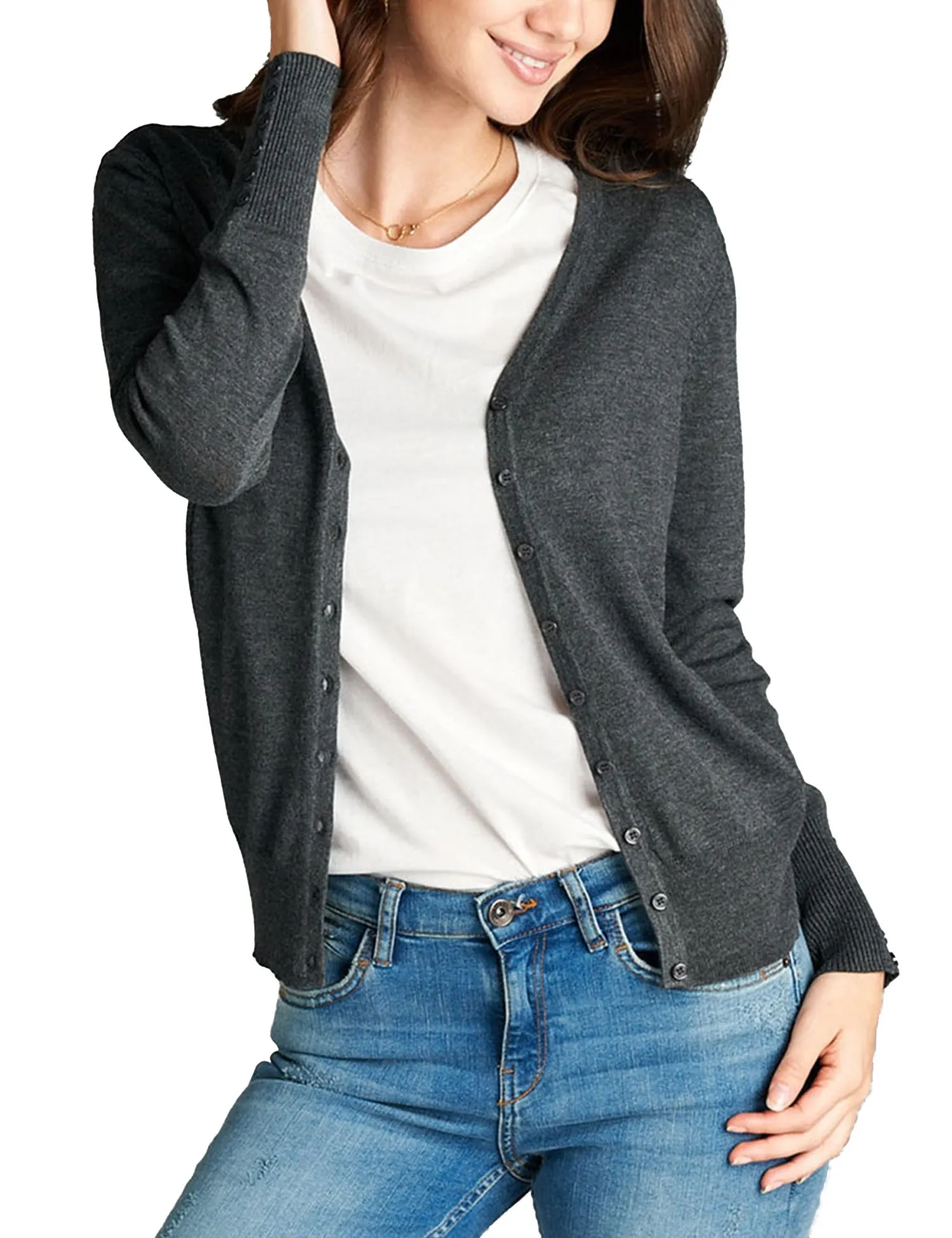 Womens V-Neck Cardigan with Sleeve Button Detail (S-XL)