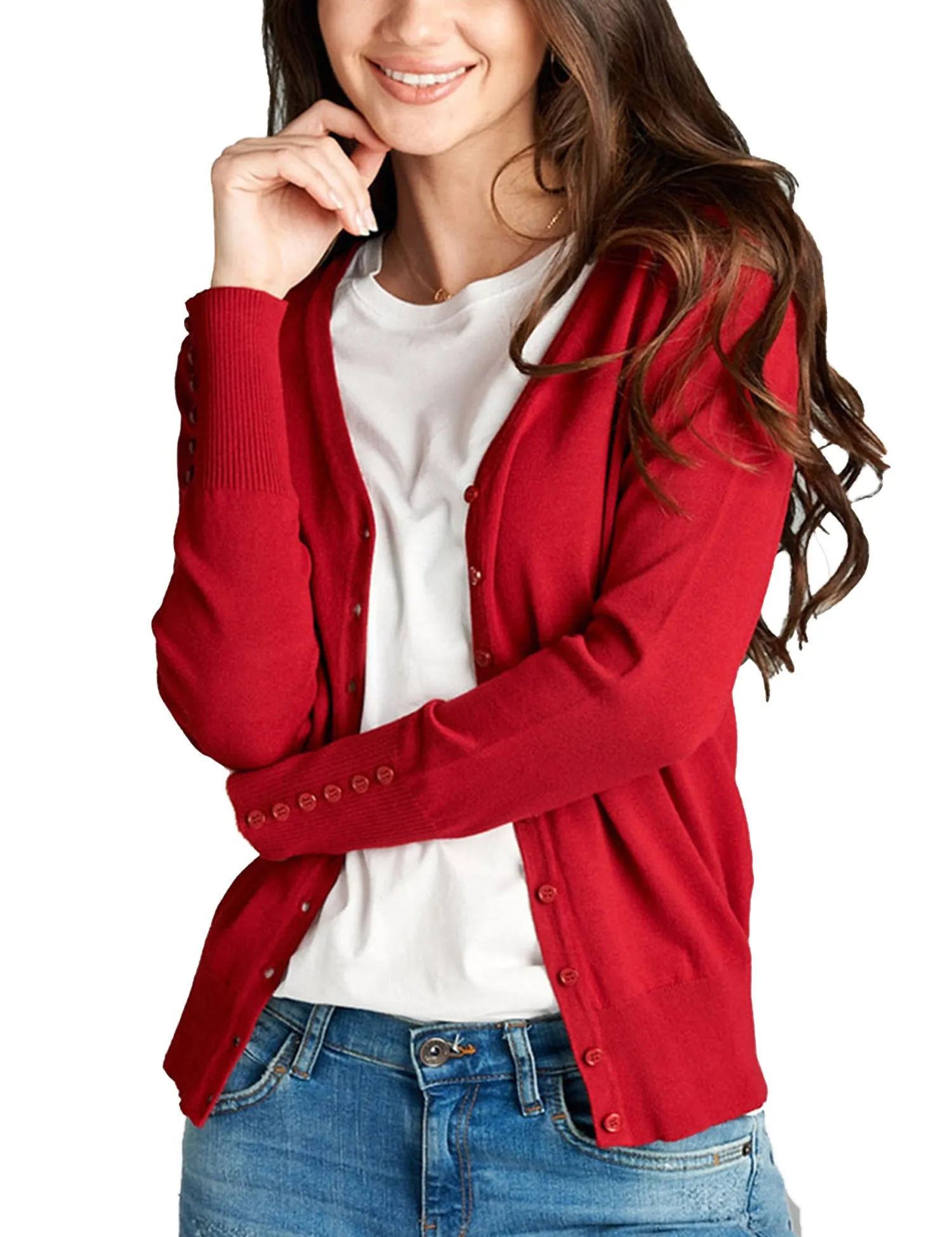 Womens V-Neck Cardigan with Sleeve Button Detail (S-XL)