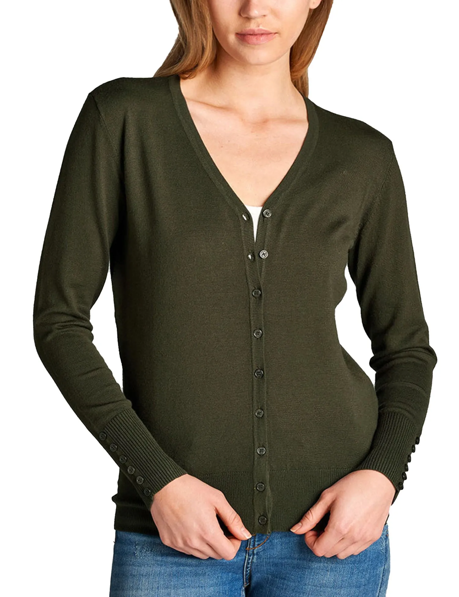 Womens V-Neck Cardigan with Sleeve Button Detail (S-XL)