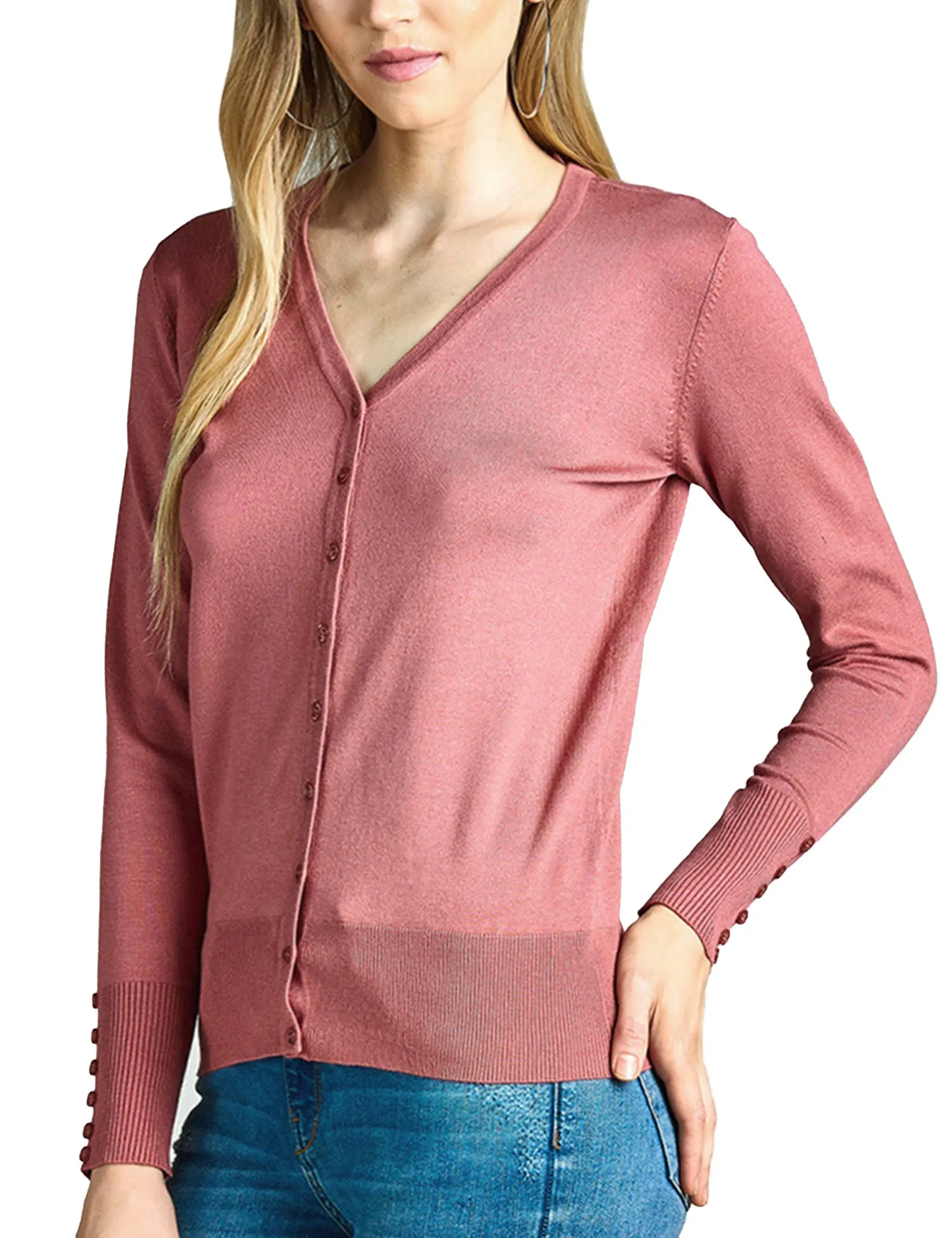 Womens V-Neck Cardigan with Sleeve Button Detail (S-XL)