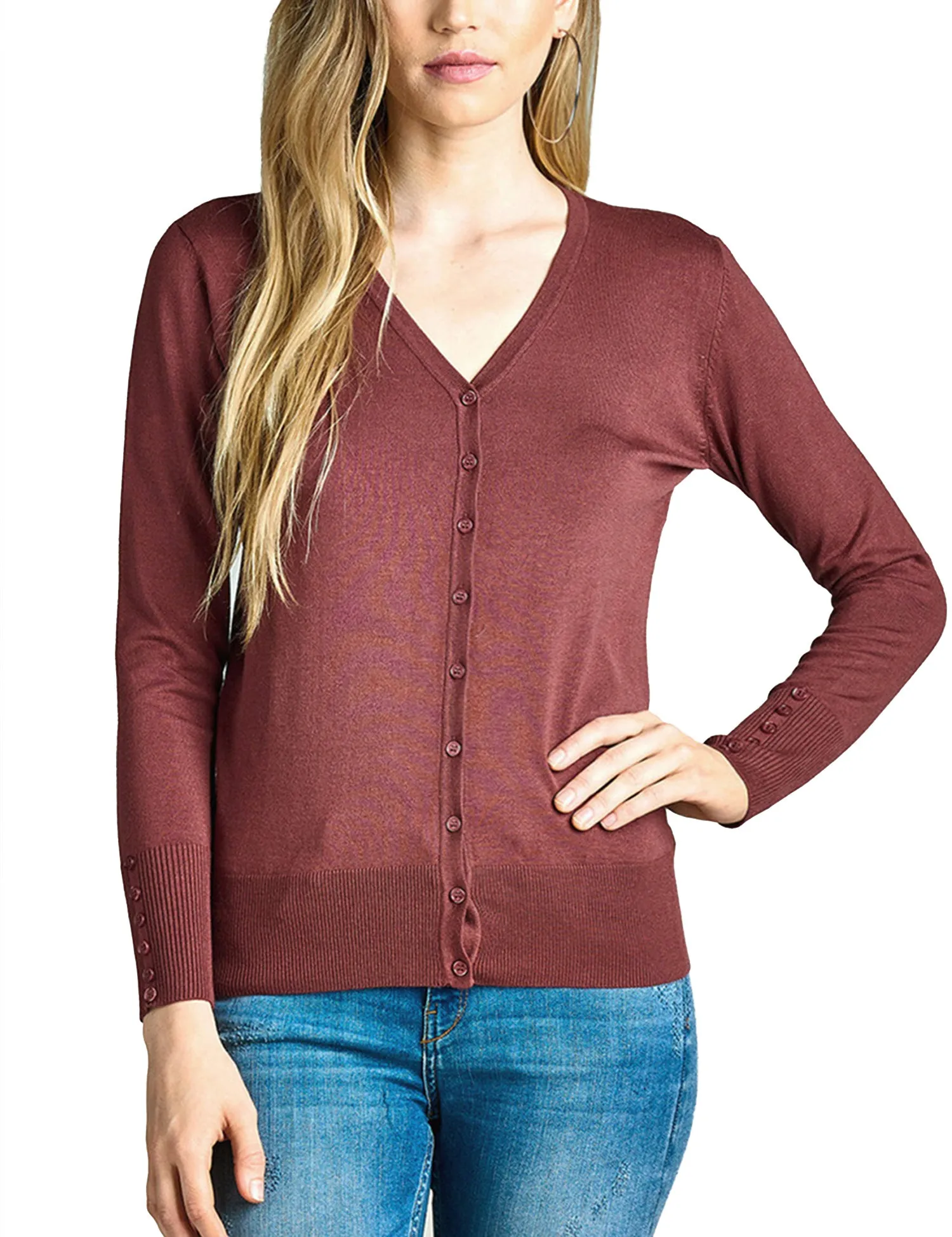 Womens V-Neck Cardigan with Sleeve Button Detail (S-XL)